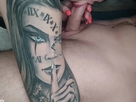 Gorgeous blowjob closeup from hot brunette with tattoo