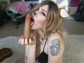Deer girl sucks on a dildo and vibes herself