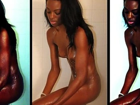 Skinny ebony caught while she takes a shower and masturbates for the camera