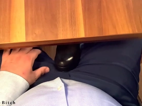 Secretary in shiny pantyhose n leather boots gives boss secret footjob - he cums in business pants businessbitch
