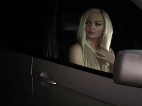 Hot sexy blonde girl sucking dicks through car window in public