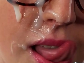 Foxy babe gets cumshot on her face swallowing all the spunk