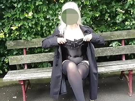 Flashing my mature tits & bald pussy at the park