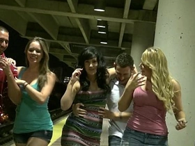 Three hot sluts start orgy in public while waiting for the train