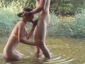 Fit girl sucks cock together with gets cum in will not hear of mouth wide of the river