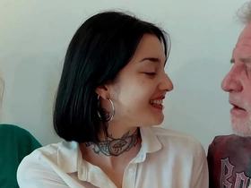 Young night-time has triptych with old men and she swallows cum