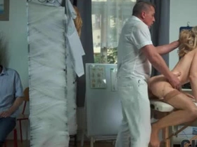 Bold doctor ravishes a blonde Czech wife's wet pussy in stockings, right in front for the brush cuckold pinch pennies to hand the clinic.