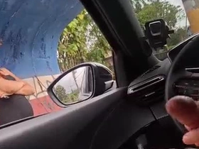 A daring outdoor exhibitionist's steamy stroke session, teasing a youthful beauty in a sundress at the bustling school stop.